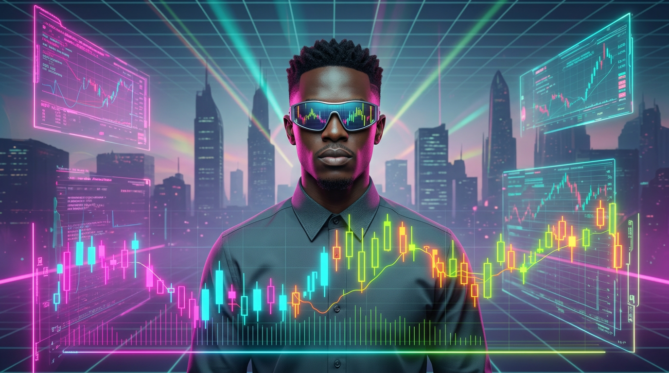 Trader analyzing a vibrant holographic forex and gold chart through AR glasses
